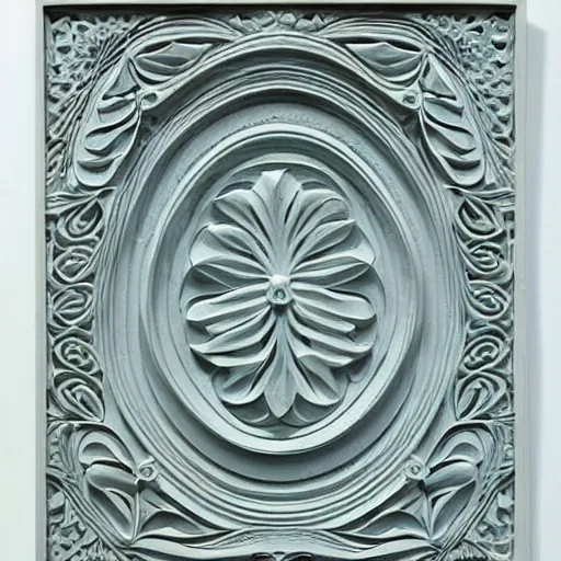 Image similar to fractals, maze, thin lines, high detail, ernst haeckel, carved soapstone relief paneling white and pale blue