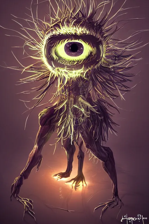 Prompt: a humanoid figure dandelion monster with large glowing eyes, highly detailed, digital art, sharp focus, trending on art station, artichoke, ambient lighting, anime art style