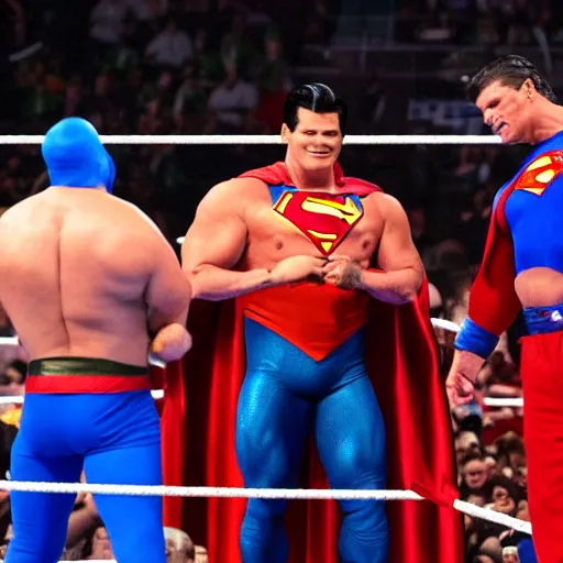 Image similar to supermen and hulk at WWE smacking down Vince McMahon