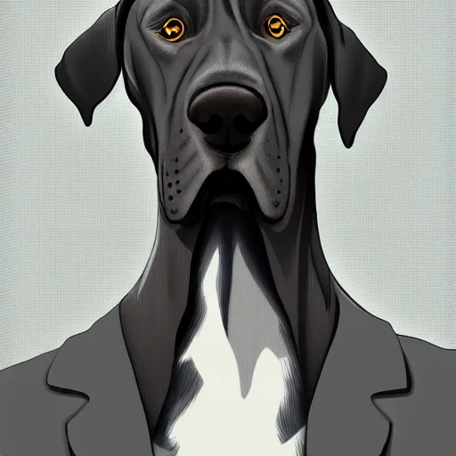 Image similar to A great dane dog depicted as a mad scientist with grey hair, digital art, trending on artstation