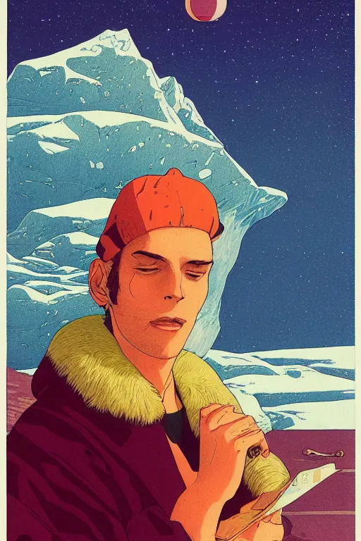 Prompt: a closeup portrait of an young man taking mind altering drugs, a blotter paper of lsd acid and dreaming psychedelic hallucinations in the vast icy landscape of antarctica, by kawase hasui, moebius, edward hopper, colorful flat surreal design, hd, 8 k, artstation