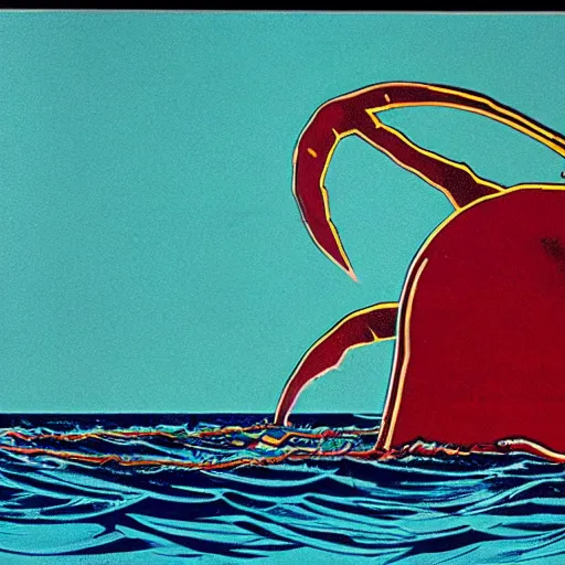 Image similar to A giant squid destroying a cruise ship in the middle of the ocean, by Andy Warhol