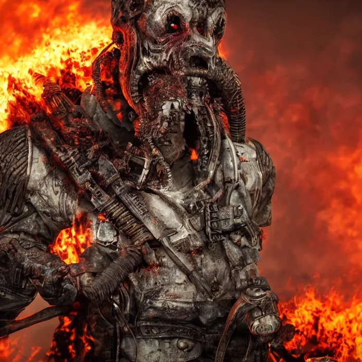 Image similar to gritty apocalyptic figure smiling with burning heart, octane render, 4 k ultra hd, hyper - detailed, seedy lighting, sharp focus, fantasy dark art