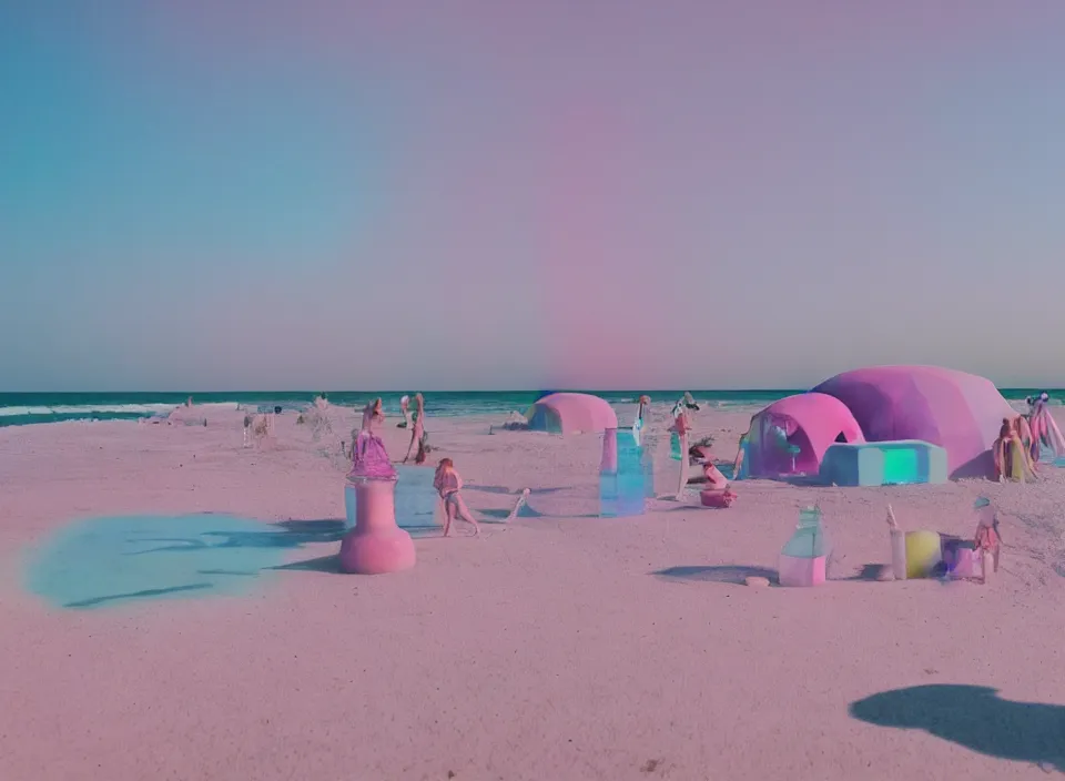 Image similar to a pastel coloured vintage family holiday photo of an empty beach from an alien dreamstate world with chalky pink iridescent!! sand, reflective lavender ocean water, dim bioluminescent plant life and an igloo shaped shiny plastic transparent festival tent. glare. refraction, volumetric light.