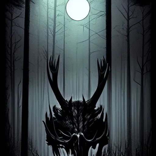 Prompt: in the style of artgerm, steve niles, rafael albuquerque, wendigo in the forest emerging from the shadows, deer skull face, antlers, fog, full moon, moody lighting, horror scary terror