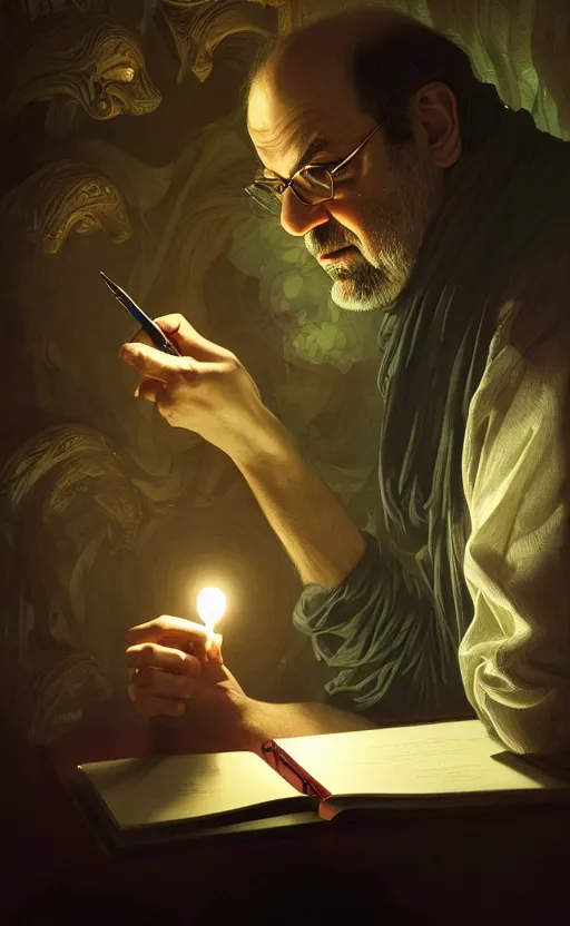 Prompt: portrait of salman rushdie writing in the dark, deep focus, d & d, fantasy, intricate, elegant, highly detailed, digital painting, artstation, concept art, matte, sharp focus, illustration, art by artgerm and greg rutkowski and alphonse mucha