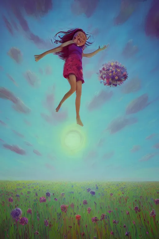 Image similar to closeup, giant flower head, girl in suit jumping in field of flowers, surreal photography, sunrise, blue sky, dramatic light, impressionist painting, digital painting, artstation, simon stalenhag