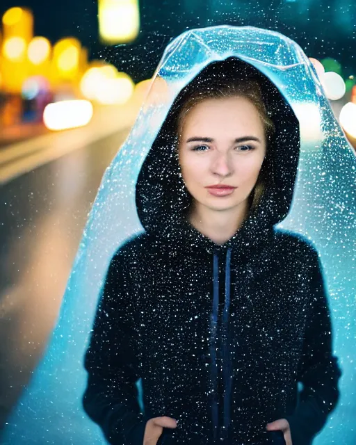 Image similar to a closeup portrait of as beautiful young woman wearing a transparent hoody standing in the middle of a busy night road, raining with lots on neon lights on the background