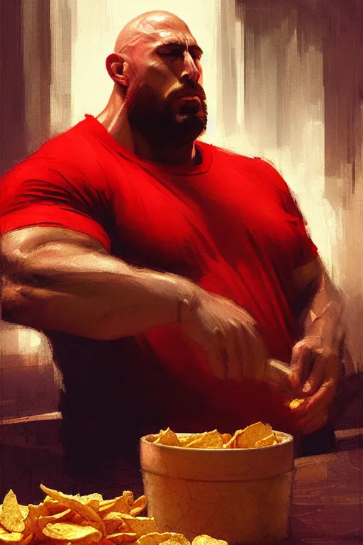 Prompt: close up portrait of the big guy ryback in a red t - shirt eating potato chips from a bag while sitting at a desk, looking at camera, intense, portrait dnd, painting by gaston bussiere, craig mullins, greg rutkowski, yoji shinkawa
