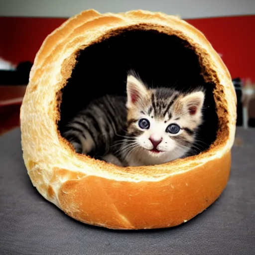 Image similar to kitten living inside a bread, hyper detailed