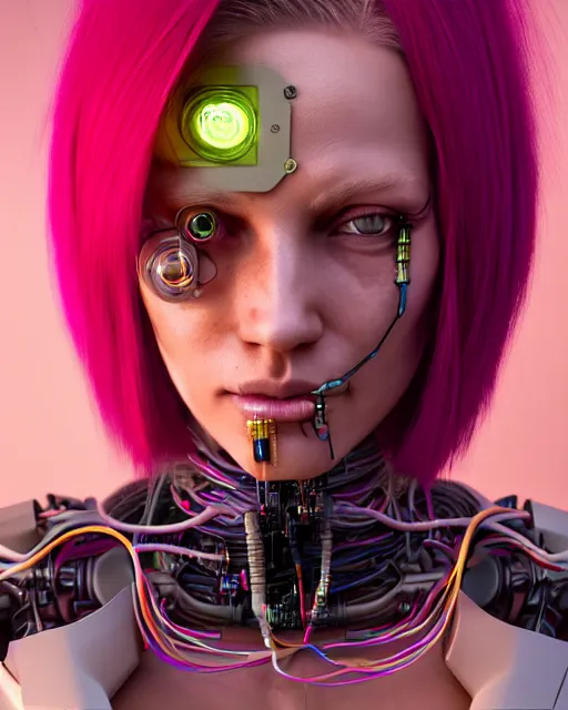 Image similar to portrait of a beautiful tan woman with pink hair as a cyberpunk cyborg half robot, revealing wires and electronics, hooked - up, sci - fi, missing panels, intricate abstract upper body intricate artwork, concept art, octane render, deviantart, cinematic, key art, hyperrealism, iridescent accents, portrait photograph, nikon 3 5 mm, photograph by greg rutkowski