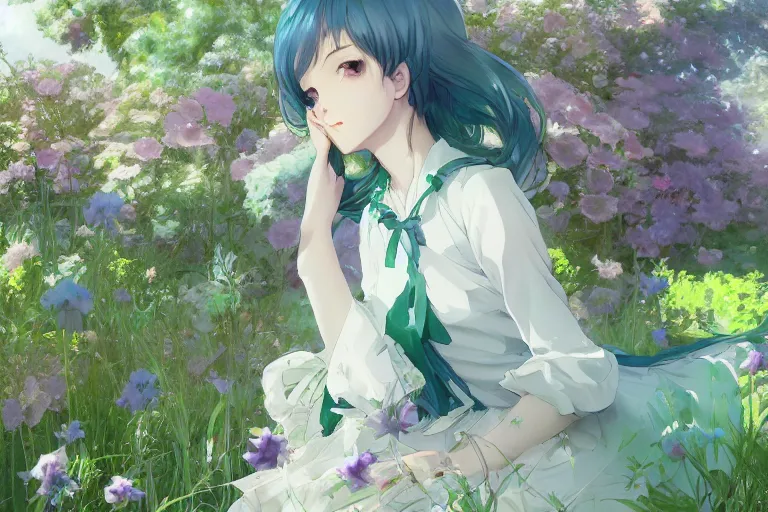 Image similar to a depressed digital art, loli in dress, garden, green and warm theme, blue accents, back lighting, highly detailed, 4 k resolution, trending on art station, by krenz cushart and mucha and akihito yoshida and greg rutkowski and makoto shinkai