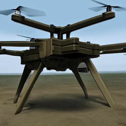 Image similar to brutalist military quadcopter with mounted turret, design concept