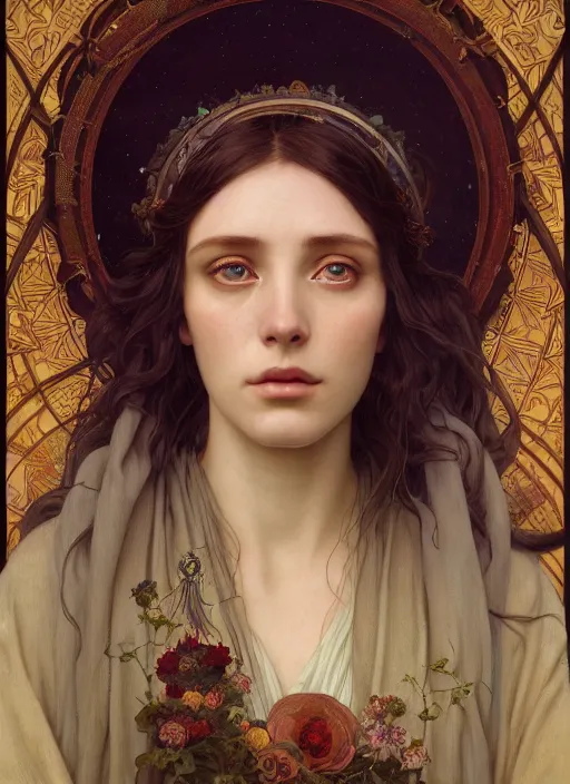 Image similar to highly detailed vfx portrait of the gentle muse - priestess of the pre - raphaelites, unreal engine, greg rutkowski, loish, rads, beeple, makoto shinkai and lois van baerle, ilya kuvshinov, rossdraws, tom bagshaw, alphonse mucha, global lighting, detailed and complex environment