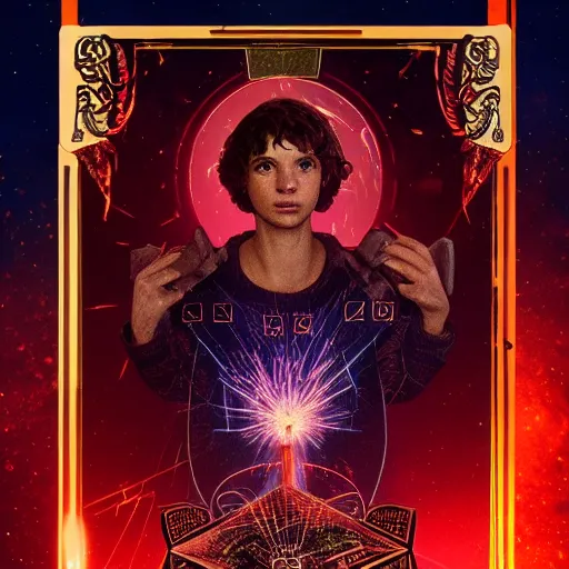 Prompt: The Emperor tarot card in the style of Stranger Things, hyperrealistic, highly detailed, depth of field, High definition, 8k, octane render, artstation