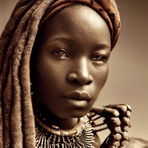 Prompt: vintage portrait of a stunningly beautiful west african tribal female, depth of field, zeiss lens, detailed, symmetrical, centered, fashion photoshoot, by edward s curtis, Annie Leibovitz and Steve McCurry, David Lazar, Jimmy Nelsson, Breathtaking, 8k resolution, extremely detailed, beautiful, establishing shot, artistic, hyperrealistic, beautiful face, octane render