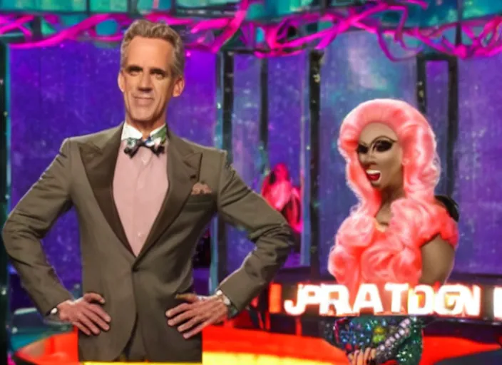 Prompt: broadcast still of jordan peterson as a contestant of ru paul's drag race, 4 k