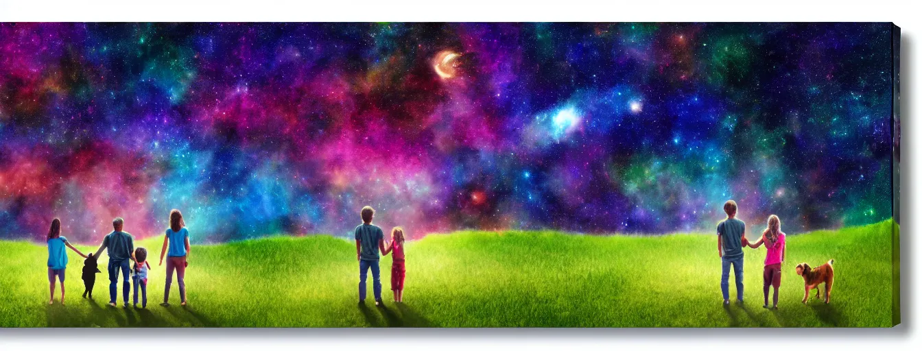 Prompt: rear view of a young couple and a kid standing in a small green planet, holding hands and a dog sitting next to them, looking to the night sky displaying an entire colorful universe, digital art, epic, colorful, highly detailed, watercolor