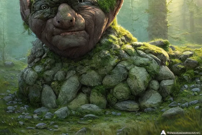 Prompt: a mossy old stone troll made of rocks lurking in a swedish forest. very low angle photograph, highly detailed, trending on artstation, realistic, smooth, soft colors, rays of golden sunlight, oil painting by simon stalenhag and greg rutkowski and greg hildebrandt