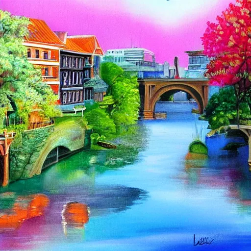 Image similar to Beautiful city of the future in harmony with nature. Nice colour scheme, soft warm colour. Beautiful painting by Lurid. (2022)