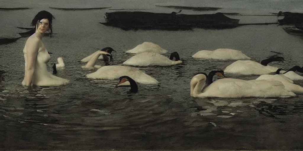 Image similar to black swans all mixed together in the dark waters. by andrew wyeth, john dollman and nicola samori