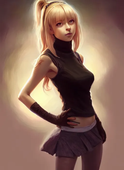 Image similar to portrait of a full body of beautiful young female detective, d & d, sleeveless turtleneck, fantasy, flat lighting, intricate, highly detailed, digital painting, artstation, concept art, smooth, sharp focus, illustration, misa amane, art by simon bisley and greg rutkowski and alphonse mucha, natural tpose