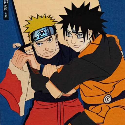 Prompt: portrait of Naruto punching sasuke in a Japanese woodblock art style