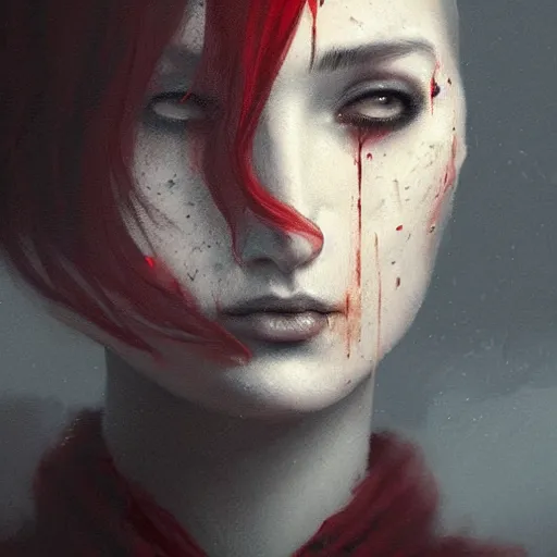 Prompt: painting of a noseless woman, sad, cry, gloomy, blood, fire, intricate, elegant, highly detailed, digital painting, artstation, concept art, matte, sharp focus, illustration, octane render, unreal engine, art by aenaluck and roberto ferri and greg rutkowski, epic fantasy, digital painting