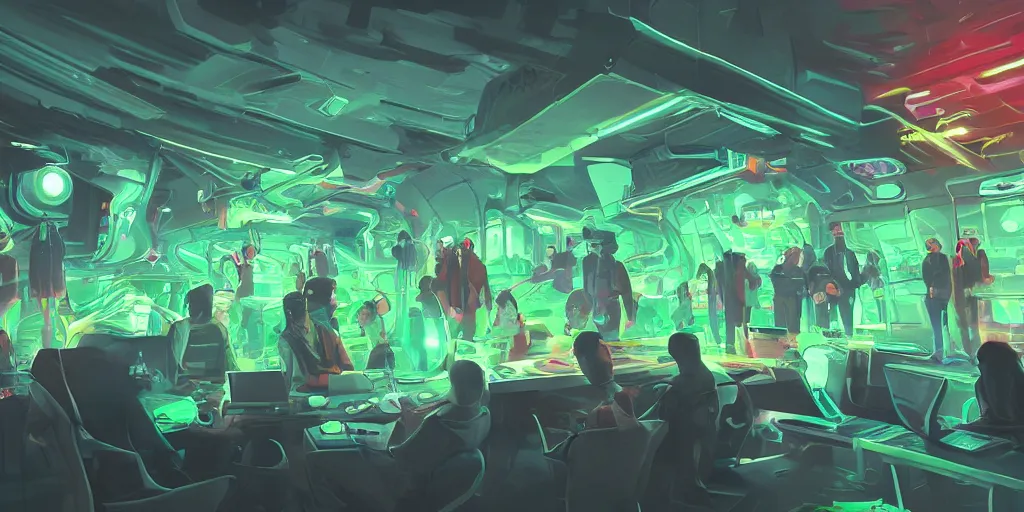 Image similar to digital art, trending on artstation, race of technobiological aliens in a meeting at their base in the galaxy, night time, neon lights