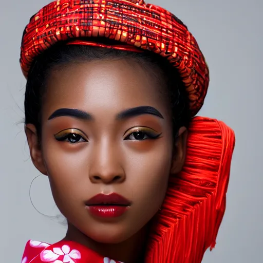 Prompt: portrait of a beautiful young african - asian model, wearing a kimono. zeiss 1 5 0 mm f 2. 8 hasselblad