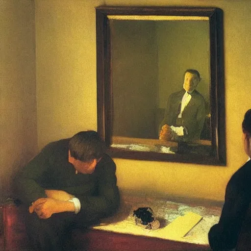 Image similar to some guy sitting in his small room looking at a computer screen. jamie wyeth greg rutkowski winslow homer thomas eakins lucian freud edward hopper j. m. w. turner edgar degas giorgio morandi peter doig oil painting