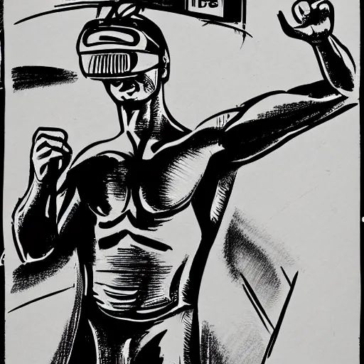 Image similar to a illustration of wrestlers wearing a vr headset, shrugging arms, movie premiere poster, close up, portrait, dramatic, 1 9 6 0 s, highly detailed