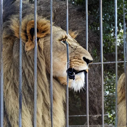 Prompt: lion roaring in cage at the zoo