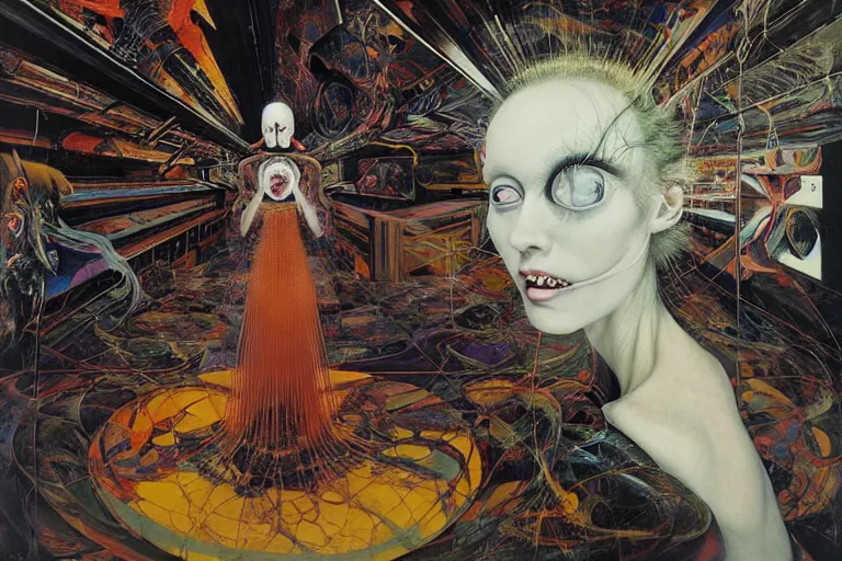 Prompt: The physical impossibility of death, in a brutalist architecture space ship, gothic, rich deep colours, creepy, diabolical, dark, mystical, intrincate, maximalism, coherent symmetrical artwork, painted by Francis bacon, Adrian ghenie, James jean and Petra cortright part by Gerhard Richter, part by Takato Yamamoto. 8k masterpiece