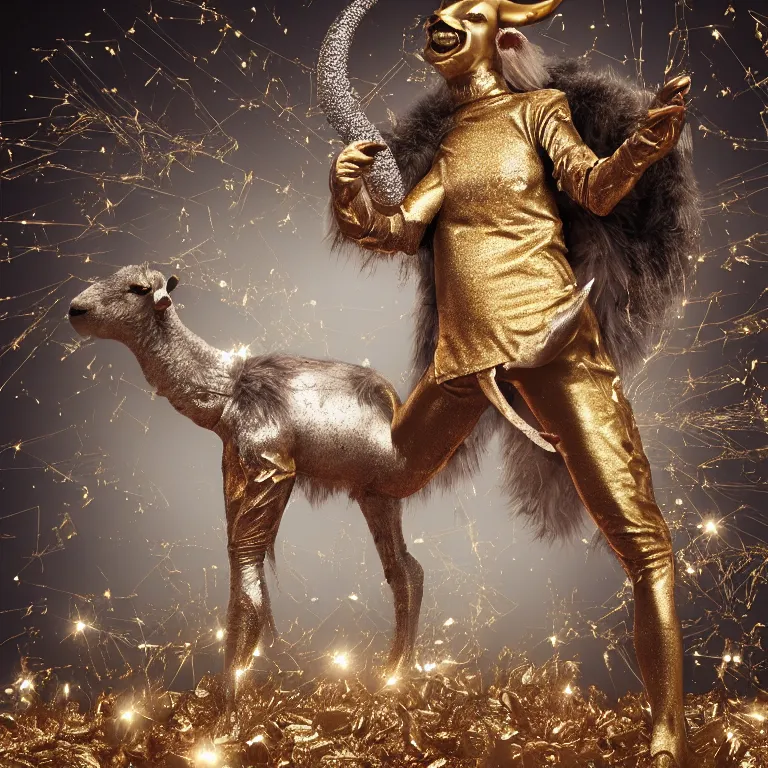 Prompt: octane render portrait by national geographic and wayne barlow and carlo crivelli and glenn fabry, a demon with the furry head of a goat with shining golden horns wearing a tight iridescent silver latex pants and shirt, inside an explosion of glitter, cinema 4 d, ray traced lighting, very short depth of field, bokeh