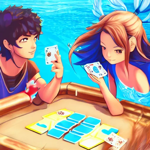 Image similar to aoi asahina and percy jackson playing go fish under the ocean, beautiful digital art