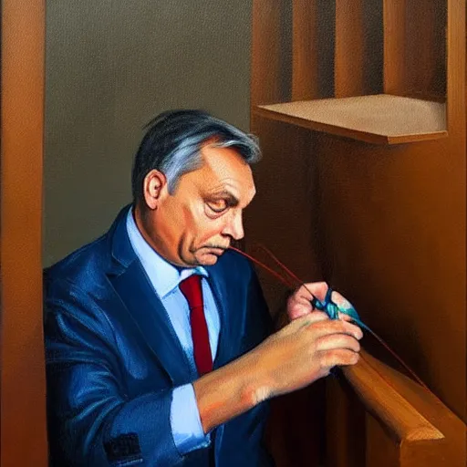 Prompt: viktor orban fixing his tie in a cubicle, oil painting