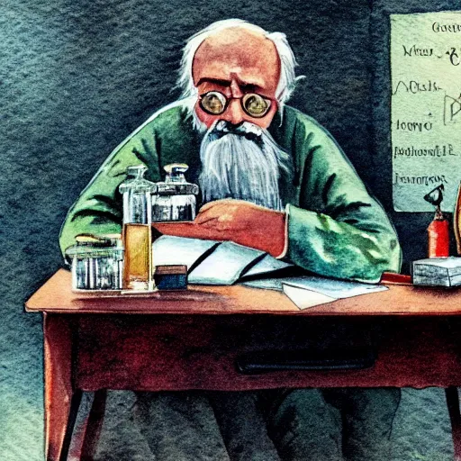 Prompt: a vintage water colour painting of a chemist with potions and ailments. an old man sitting at a desk, 4 k, beautiful, ominous