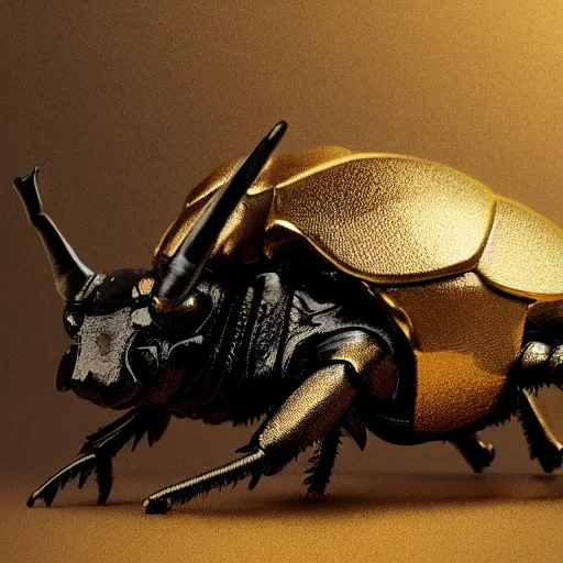 Image similar to Very high detailed rhinoceros beetle made of gold and metal standing on a carbon fiber background, smoke and powder, full body, big horn, robotic, nature, symmetrical, Greg Rutkowski, Charlie Bowater, Beeple, Unreal 5, hyperrealistic, dynamic lighting, fantasy art