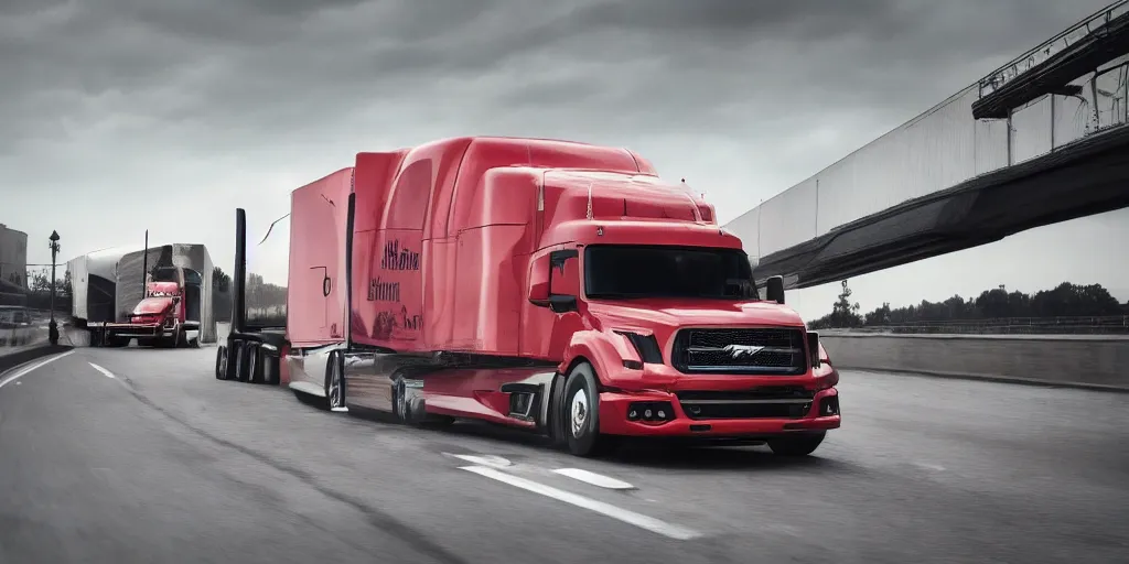 Image similar to a semi-truck with Ford Mustang GT 2021 front design. No background, concept art style.