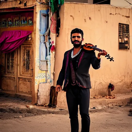 Prompt: gipsy male singer dancing, cinematic shot, on streets of bagdad, violin in hand, highly detailed, 8 k, intricate