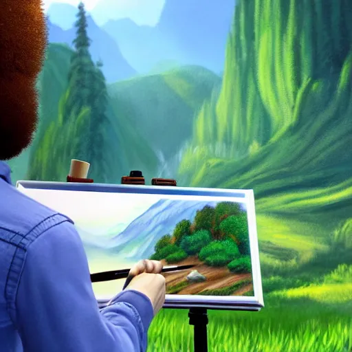 Image similar to a closeup photorealistic photograph of bob ross working on a canvas painting sonic the hedgehog. film still. brightly lit scene. mountains and trees. this 4 k hd image is trending on artstation, featured on behance, well - rendered, extra crisp, features intricate detail, epic composition and the style of unreal engine.