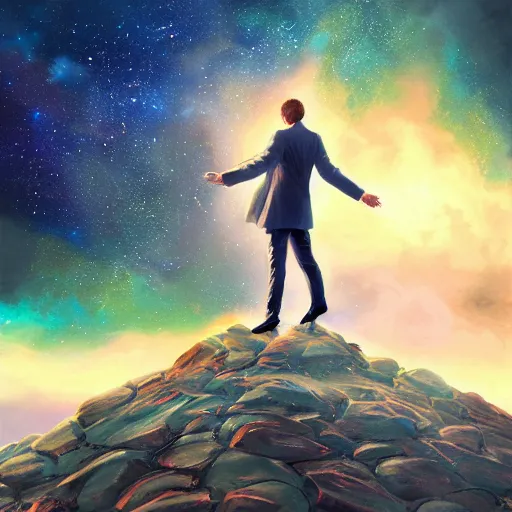 Image similar to energetic man in business suet walk on milky way, acrilic paint, digital, artstation, detailed intricate ink illustration, heavenly atmosphere, digital art, overdetailed art, concept art, complementing colors, trending on artstation, cgstudio, the most beautiful image ever created, dramatic, subtle, details, award winning artwork, beautiful scenery