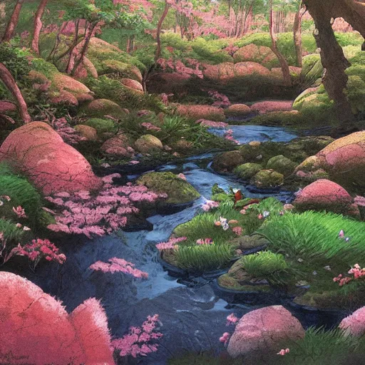 Prompt: meditation at the forest stream with flowers, digital painting masterpiece, haunting beautiful brush strokes, painted by Moebius and Hayao Miyazaki and Akira Toriyama