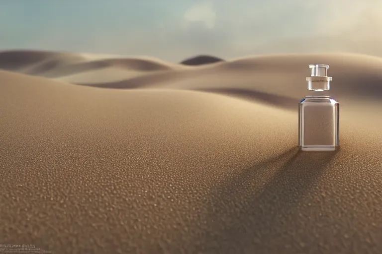 Image similar to perfume bottle buried frosted flowers, dramatic, mid day, blurry sand dune background, large scale, hyperrealistic, lots of detail, realistic lighting, octane render, by wlop, artgerm, trending on artstation