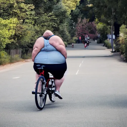 Image similar to a very fat man riding a small bicycle