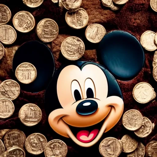 Image similar to mickey mouse laying down with arms crossed on a pyre of wood with coins over their eyes