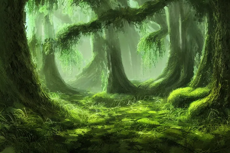 Prompt: lush green forest, concept art trending on artstation,