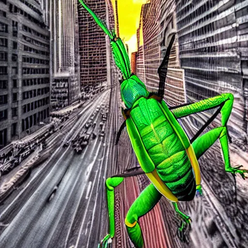 Prompt: a giant grasshopper attacking manhattan, color film, high definition, photorealistic,