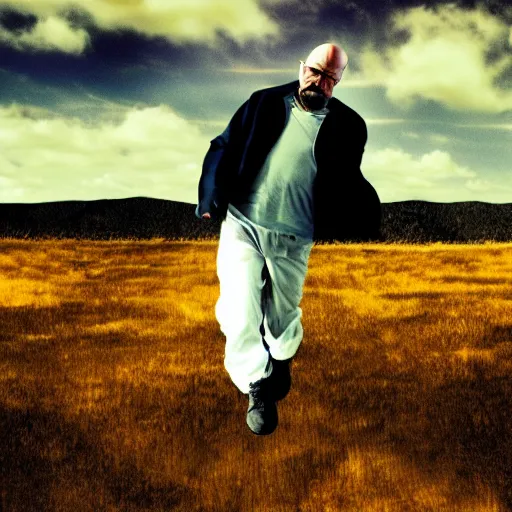 Prompt: walter white falling from the sky, motion blur, album cover